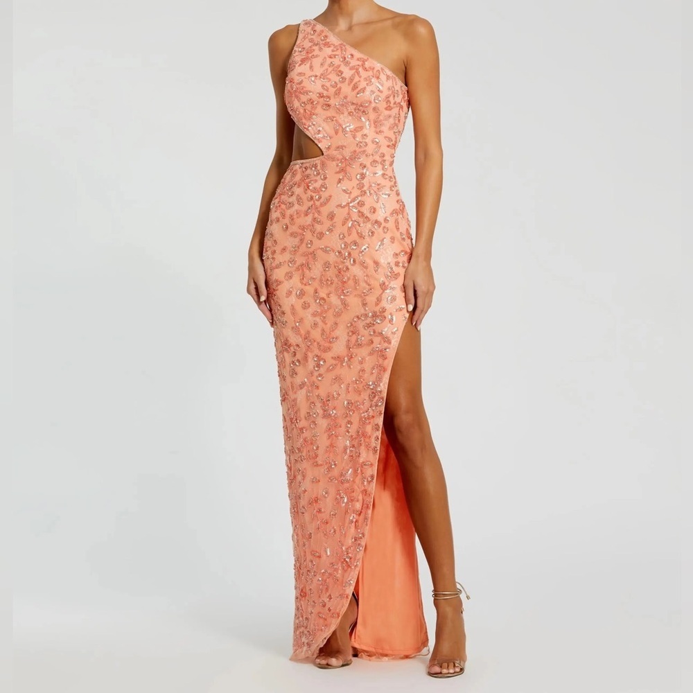 Nwt Mac Duggal Coral Pink One Shoulder Beaded Embellished Gown With Slit Size 8